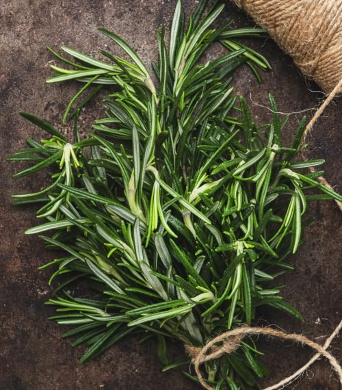 Fresh rosemary bunch and jute rope on old brown rusty metal background. Spices for cooking  Top view